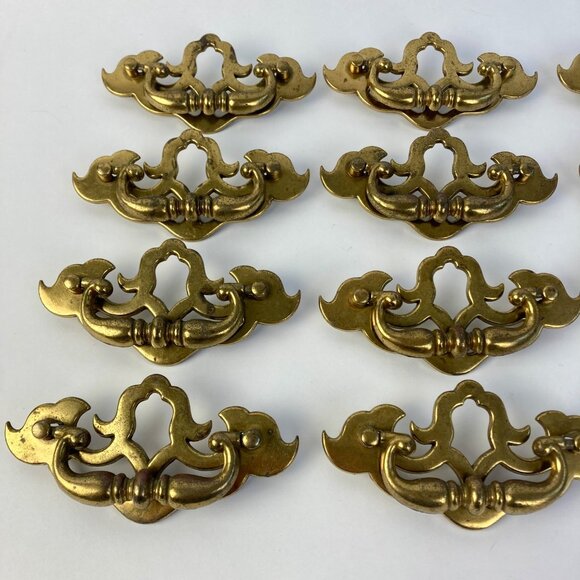 Lot of 12 Vintage Gilded Brass Drawer Pulls 657 Batwing Drop Bail - Picture 3 of 6